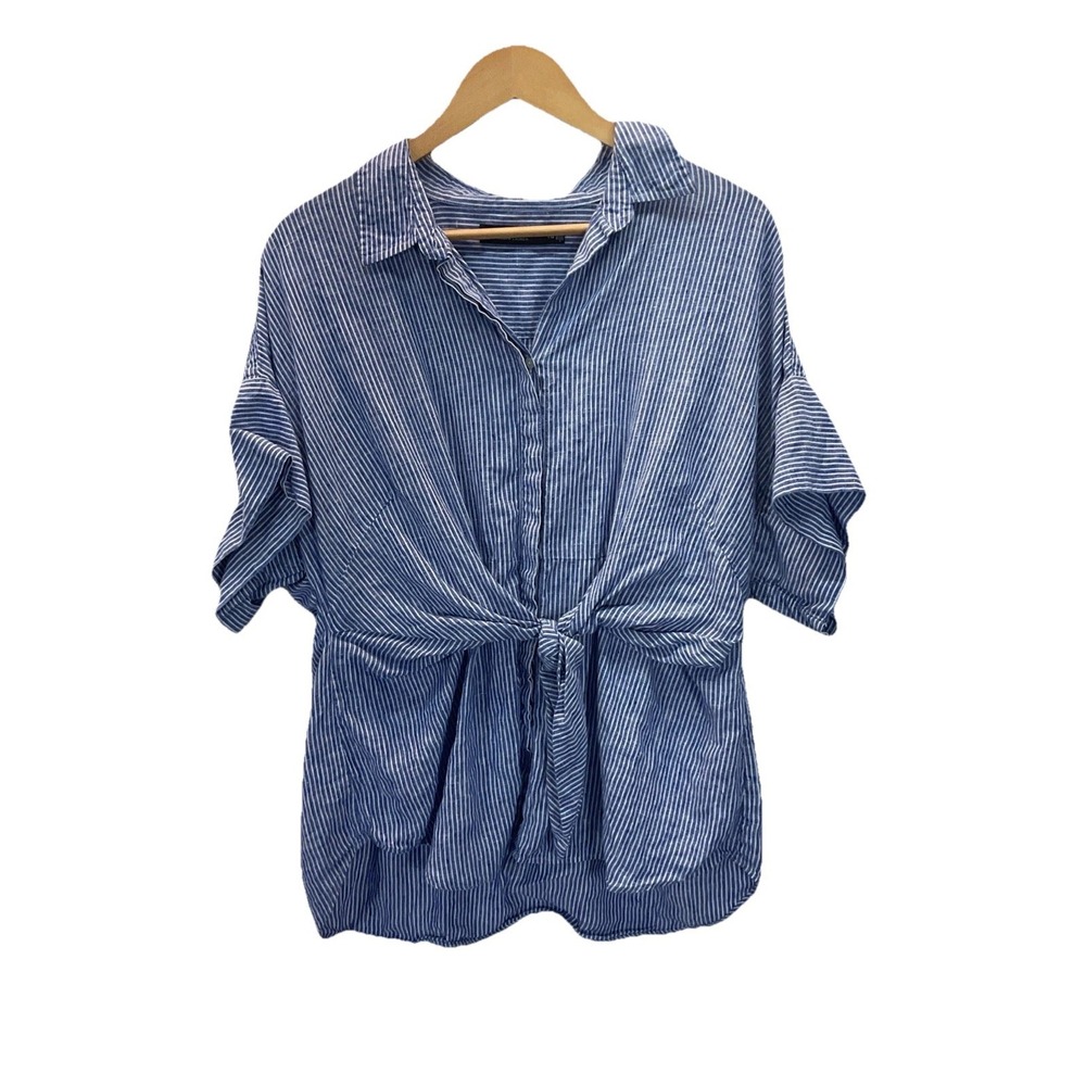 Lauren Ralph Lauren 100% Linen Blue Striped Short Sleeve Shirt Plus 2X Beach